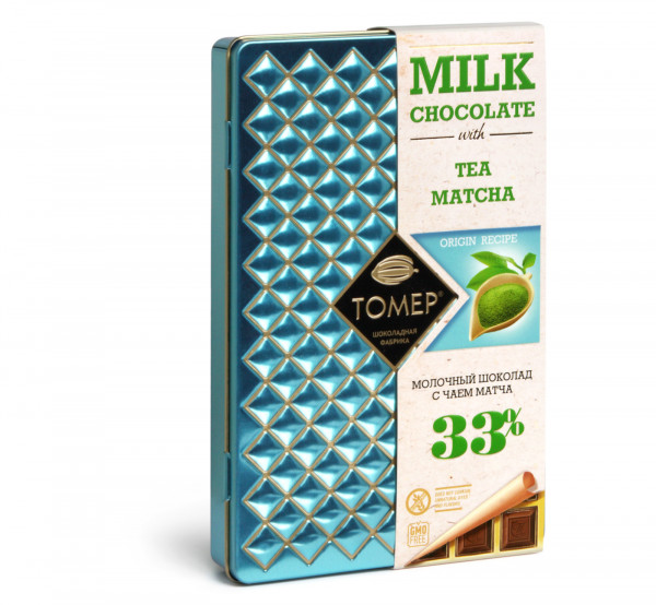 №1 Фабрика Томер металлический бокс Молочный шоколад с чаем МАТЧА ,33%  90г в Жуковском